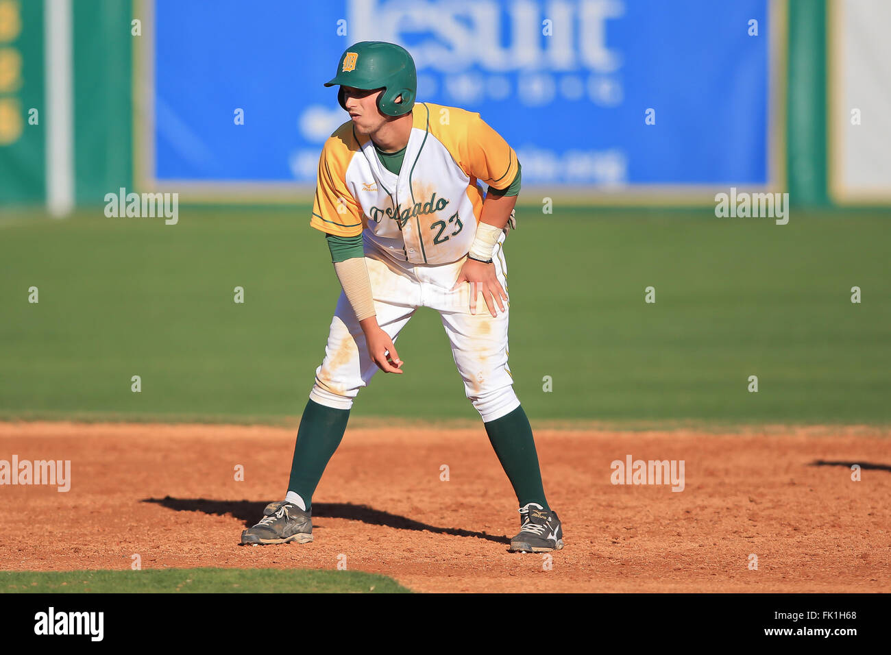 March 04, 2016: Delgado infielder Dylan Weston #23 waits for the pitch at second base during the NJCAA game between Delgado and Southwest Mississippi on March 4,2016 at Kirsch Rooney Stadium in New Orleans, Louisiana. Steve Dalmado/CSM Stock Photo