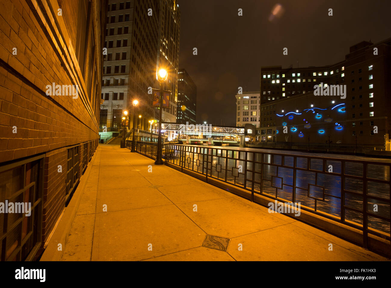 Milwaukee river walk street light Stock Photo