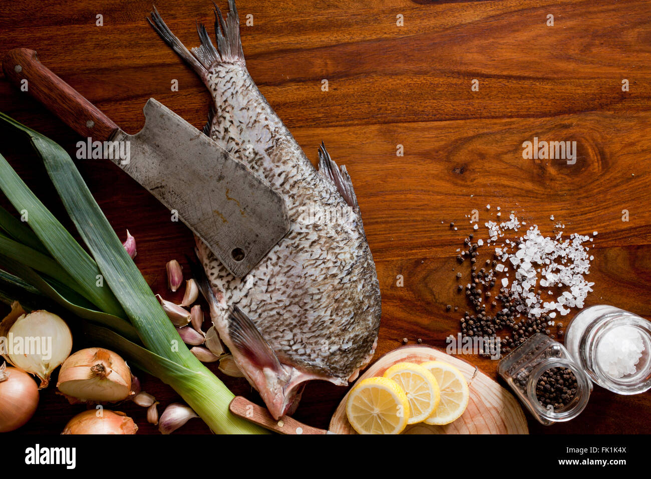 fresh fish on wooden table Stock Photo