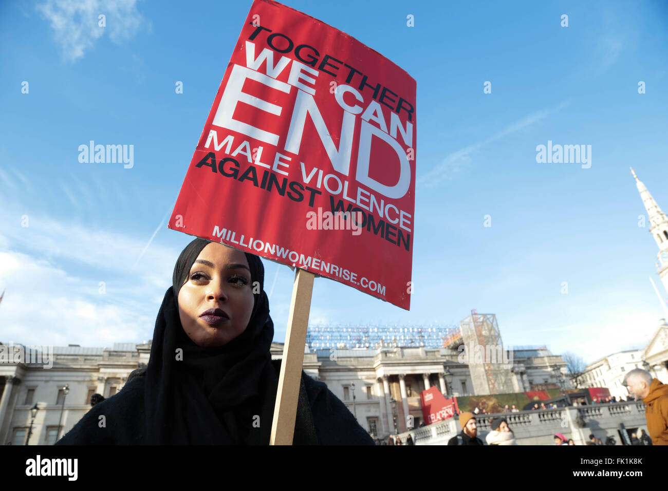 London, UK. 5th March, 2016. A Woman hold up plakcard as thousands  march through London to call for an end to violence against women. Credit:  Thabo Jaiyesimi/Alamy Live News Stock Photo