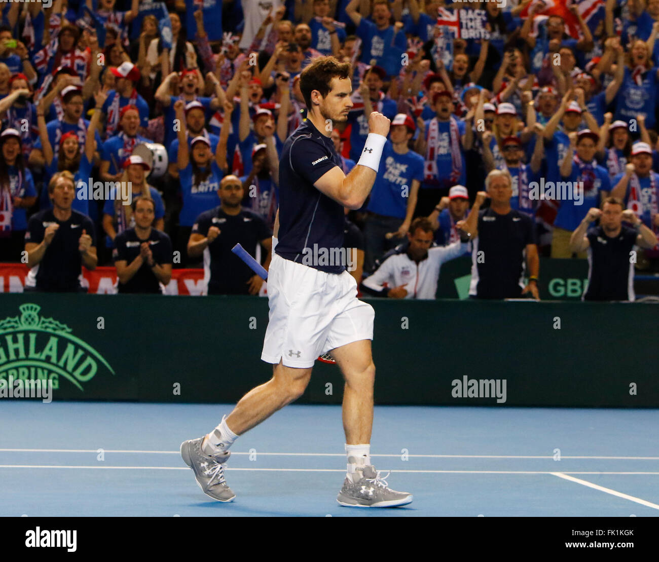 Barclaycard Arena, Birmingham, UK. 05th Mar, 2016. Davis Cup Tennis World Group First Round. Great Britain versus Japan. Job done for Andy Murray of Great Britain as he celebrates match point at the end of the doubles match between Great Britain's Andy Murray and Jamie Murray and Japan's Yoshihito Nishioka and Yasutaka Uchiyama on day 2 of the tie. GB won in straight sets 6-3, 6-2, 6-4. Credit:  Action Plus Sports/Alamy Live News Stock Photo