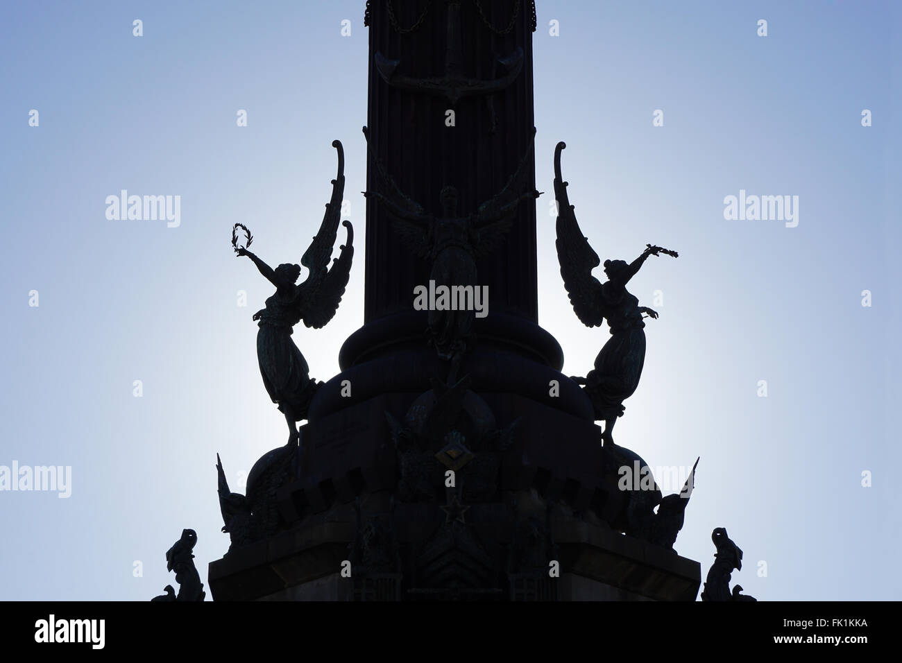 silhouette of winged victories, detail on pedestal of Columbus monument in Barcelona Stock Photo