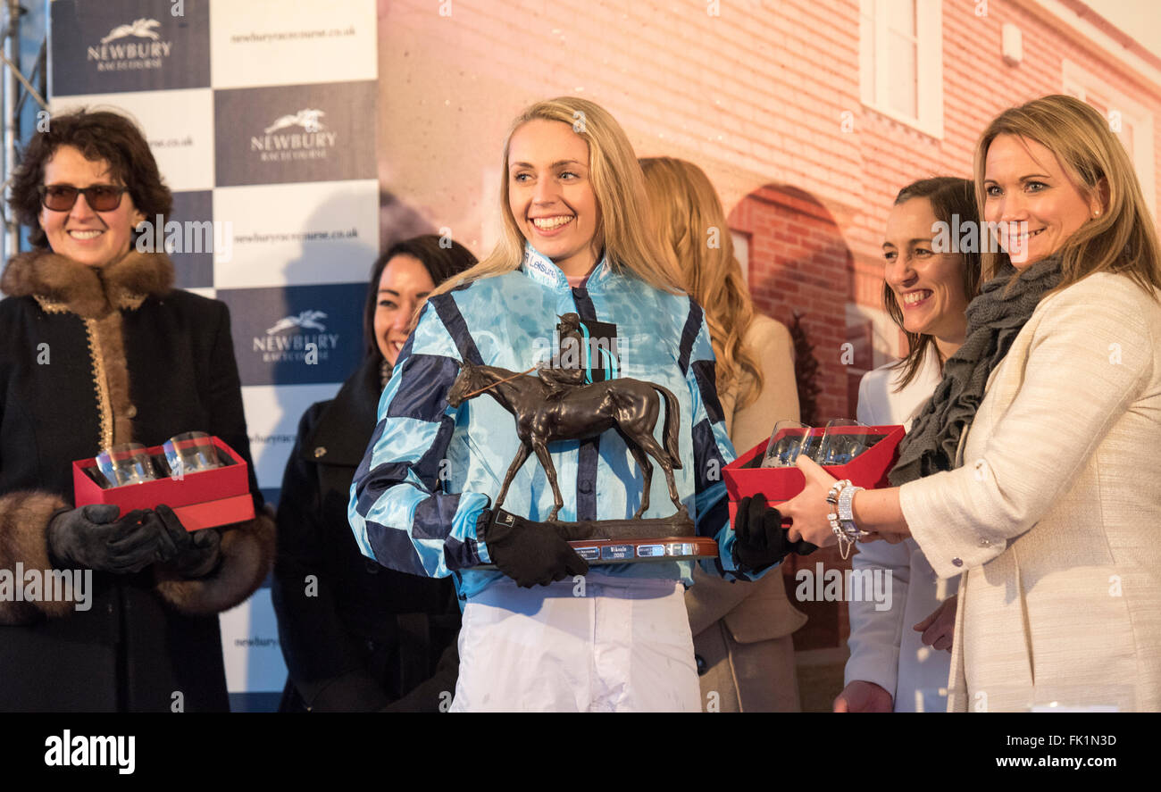 Newbury Racecourse, Berkshire, uk 5th march 2016 The Bloor Homes Supporting Greatwood Charity race Lucy Boultbee-Brooks collects her trophy Credit:  Michael Stevens/Alamy Live News Stock Photo