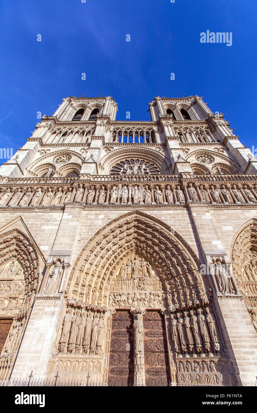 Wide-angle view of West facade, Cathedral Notre Dame de Paris (1160-1345), Paris, France Stock Photo