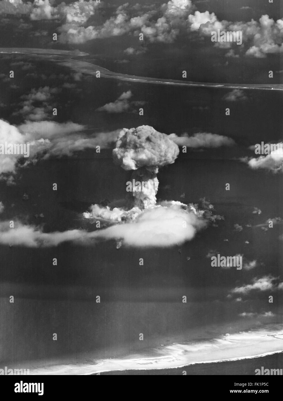 Mushroom cloud from Operation Crossroads nuclear weapons test at Bikini Atoll, Marshall Islands, Pacific Ocean in July 1946. Stock Photo
