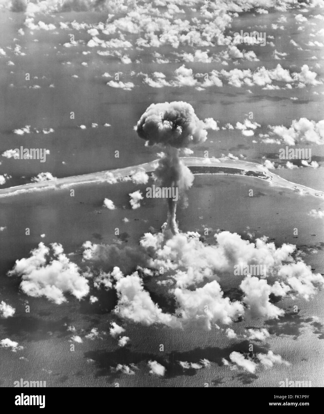 Mushroom cloud from Operation Crossroads nuclear weapons test at Bikini Atoll, Marshall Islands, Pacific Ocean in July 1946. Stock Photo