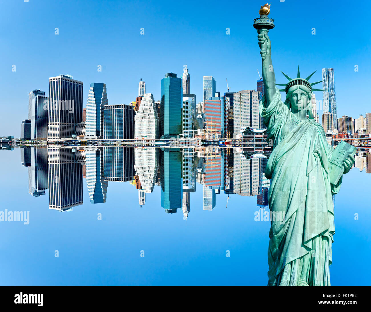 Manhattan and the statue of Liberty with reflection, New York City. USA. Stock Photo