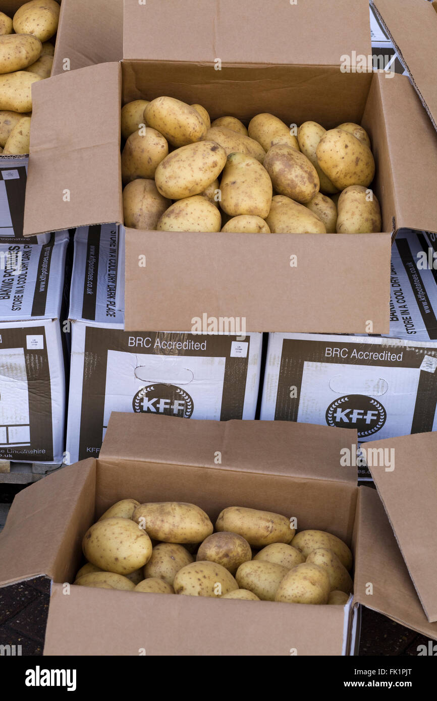 KFF Potatoes in Boxes on a market stall in London Stock Photo