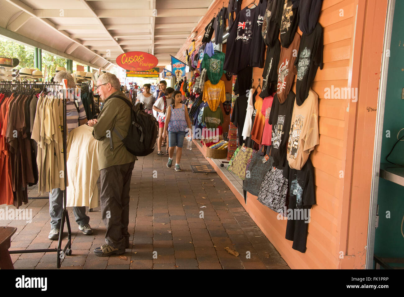 Tourists browsing around the souvenir, arts & crafts shops in Kuranda