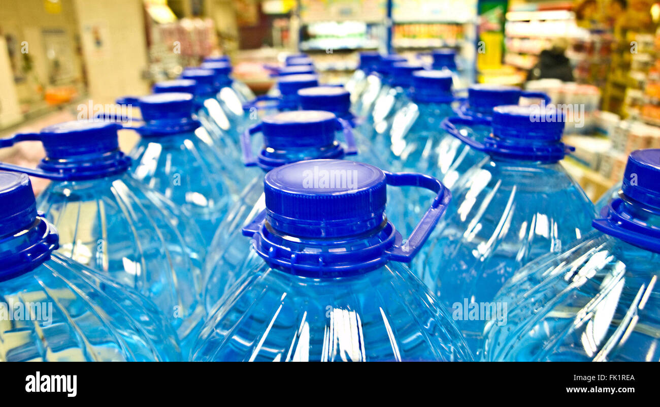 bottled potable water in supermarket Stock Photo
