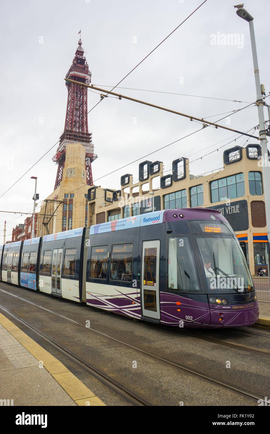 Tram stopped at Blackpool Tower tram station Stock Photo