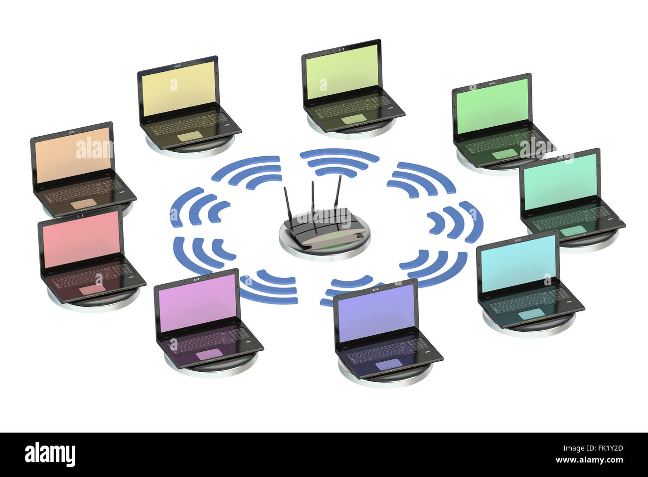 network computing concept with router and laptops Stock Photo - Alamy