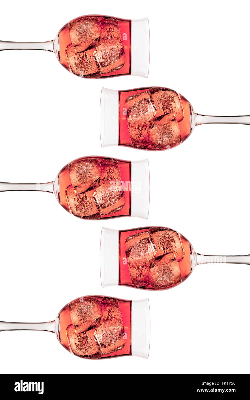 Five tall wine glasses containing red coloured liquid wine and ice