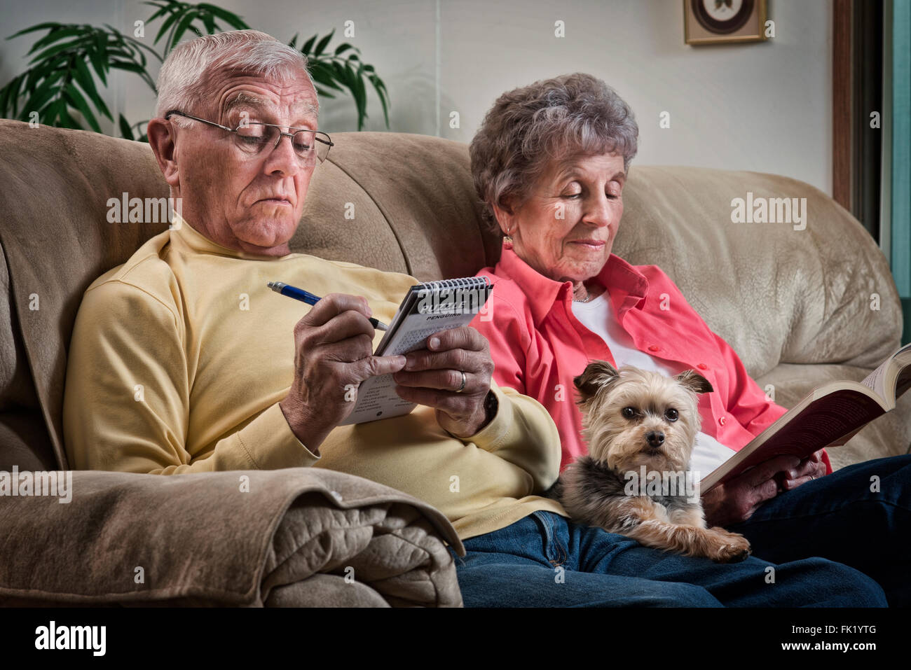 Illustrative version of an older couple relaxing together with their lap dog keeping them company. Stock Photo