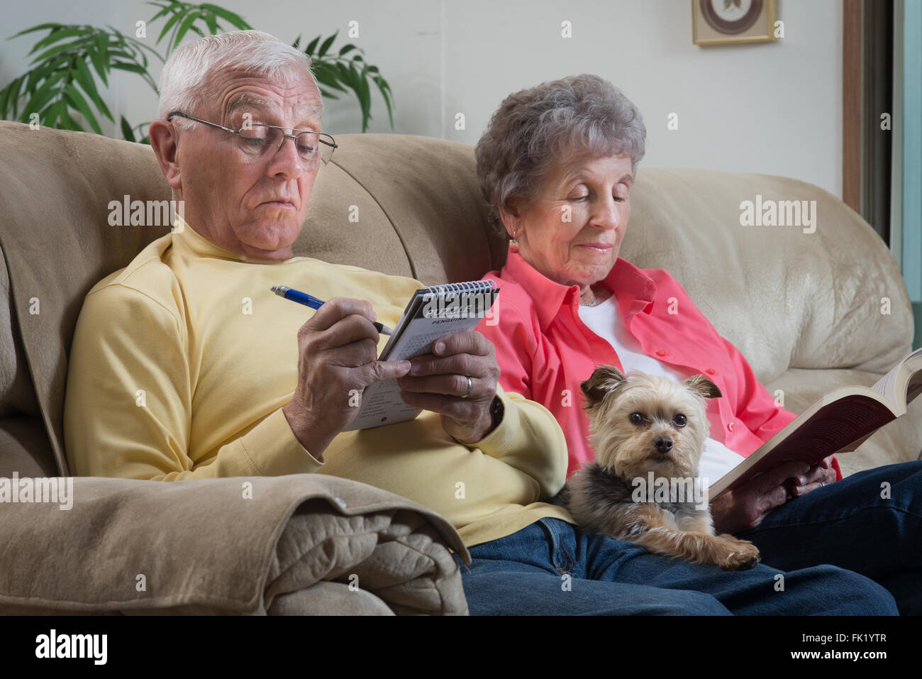 An older couple relaxes together with their lap dog keeping them company. Stock Photo