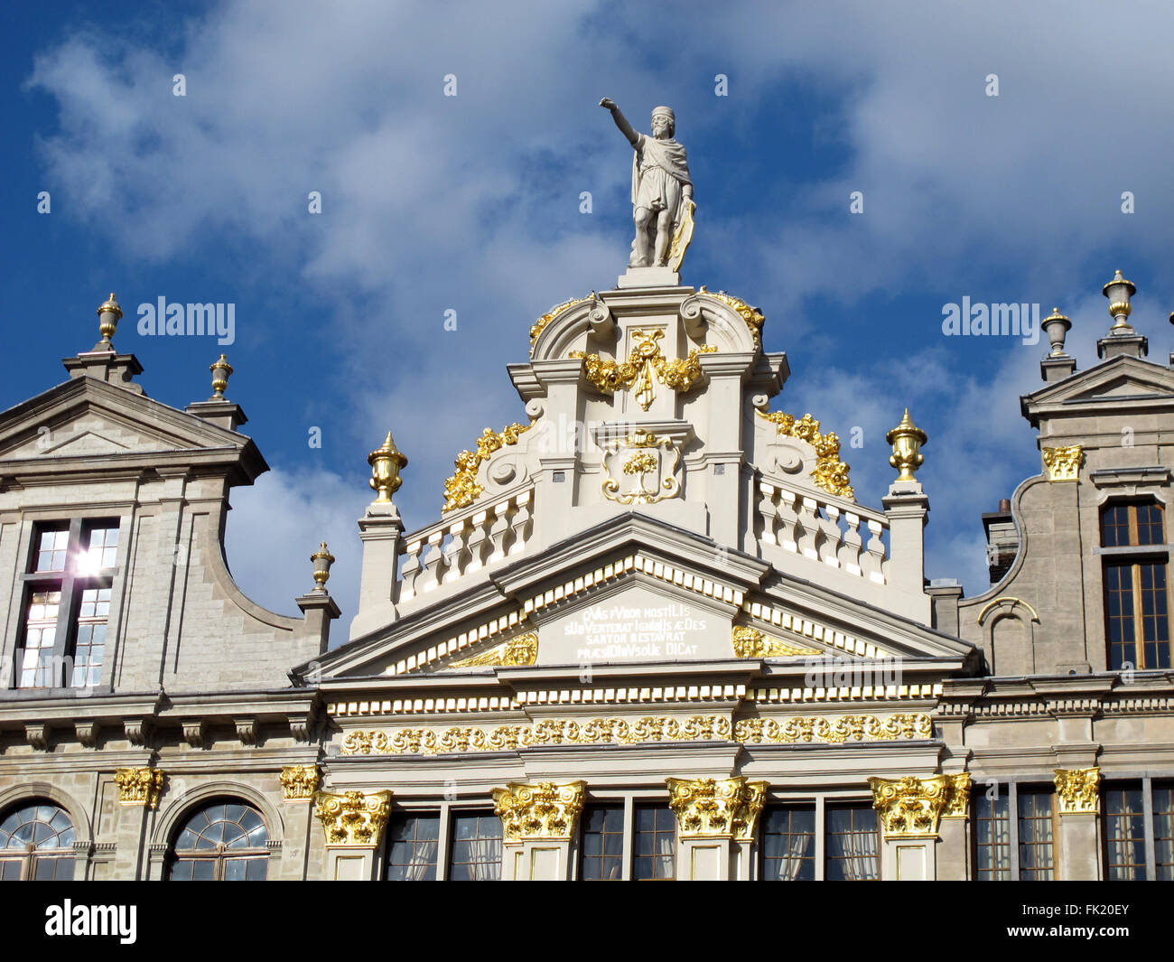 Grand-Place,La Chaloupe d'Or brewery, Brussels,Belgium,statue of Saint Homobonus Cremona, patron of tailors. Stock Photo