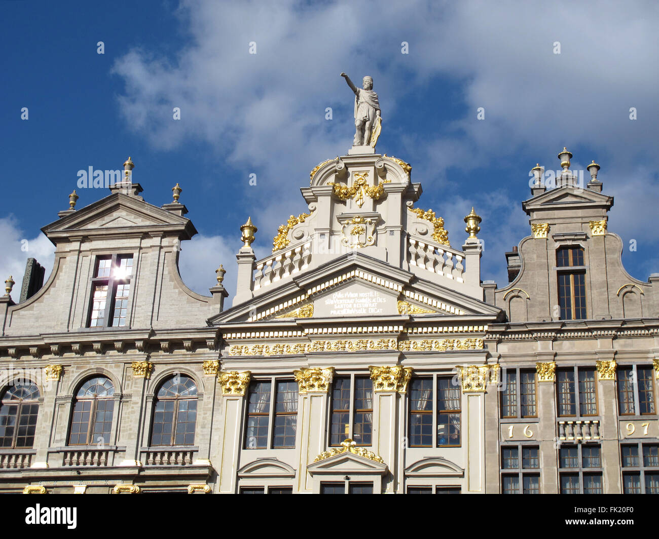 Grand-Place,La Chaloupe d'Or brewery, Brussels,Belgium,statue of Saint Homobonus Cremona, patron of tailors. Stock Photo
