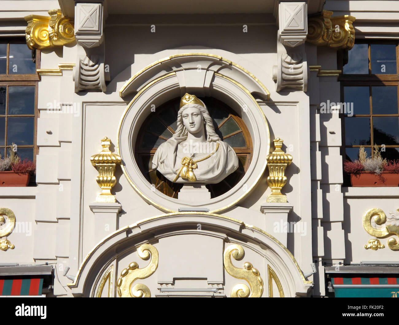 Grand-Place,La Chaloupe d'Or brewery,bust of St. Barbara,Brussels,Belgium Stock Photo