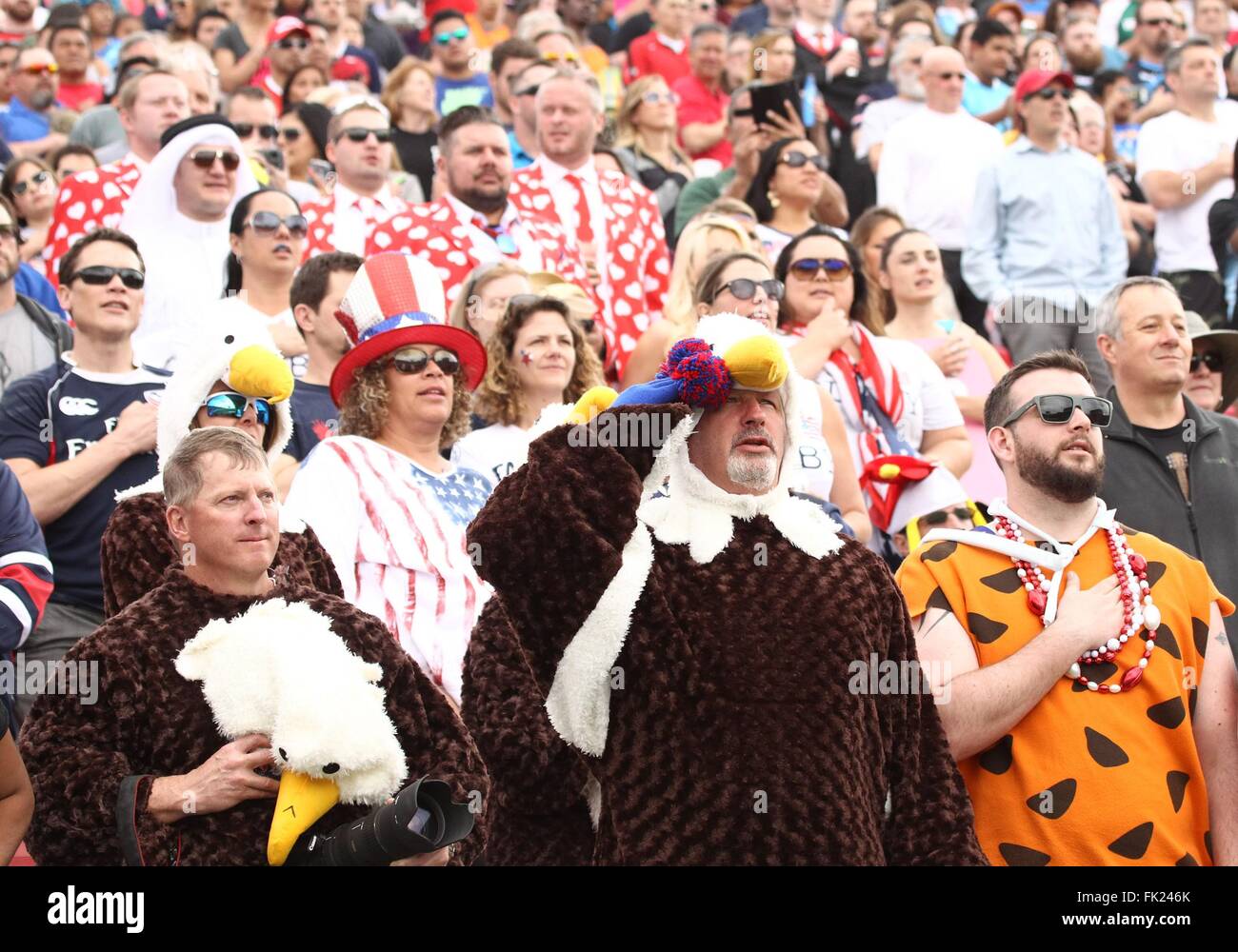 Las Vegas, NV, USA. 5th Mar, 2016. Rugby fans during US national anthem in attendance for USA Sevens International Rugby Tournament - SAT, Sam Boyd Stadium, Las Vegas, NV March 5, 2016. © James Atoa/Everett Collection/Alamy Live News Stock Photo