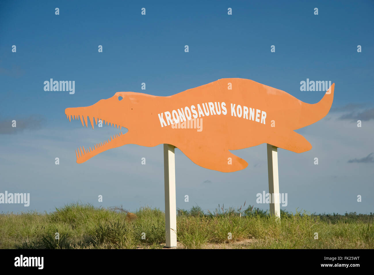 Dinosaur signs along the roads from Hughenden to Richmond. Stock Photo