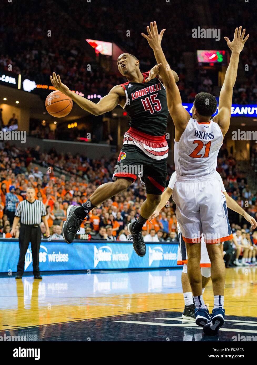 Louisville guard Donovan Mitchell (45) during the NCAA Basketball game between the Louisville Cardinals and the Virginia Cavaliers at the John Paul Jones Arena on March 5, 2016 in Charlottesville, VA. Jacob Kupferman/CSM Stock Photo