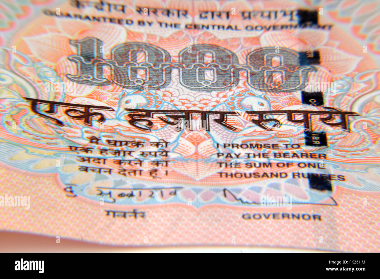 A one thousand rupee note closeup (Indian Currency) Stock Photo