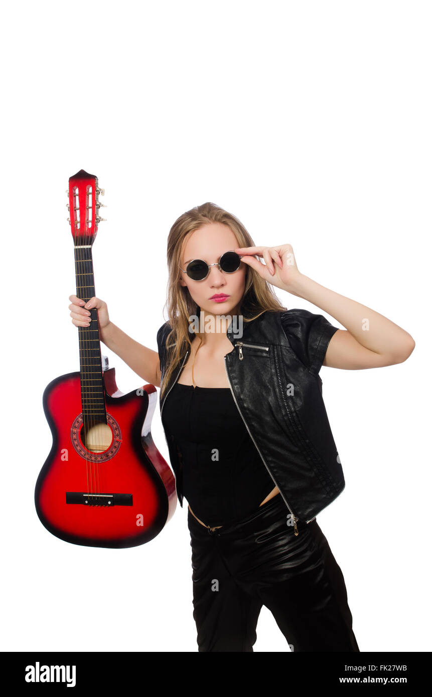 Young woman guitar player isolated on white Stock Photo - Alamy