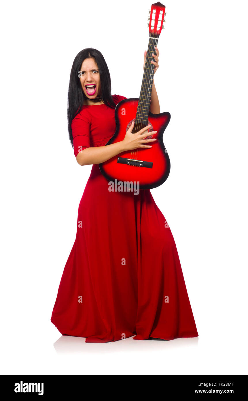 Woman playing guitar isolated on white Stock Photo - Alamy