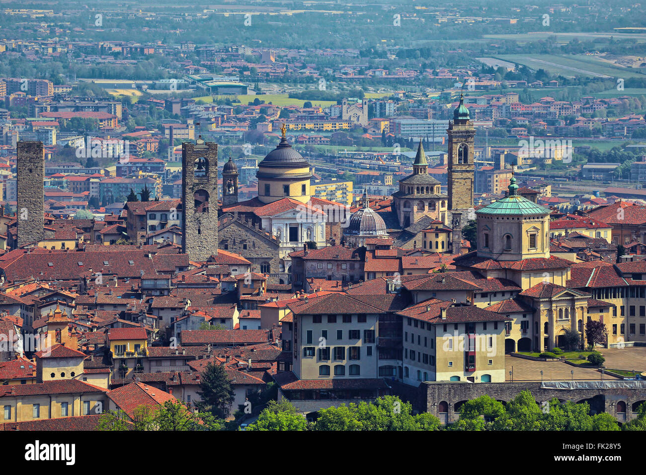 View at Old Town Citta Alta of Bergamo from San Vigilio Hill. Bergamo is a  beautiful ancient town in Lombardy, Italy Stock Photo - Alamy, image size:1300x956