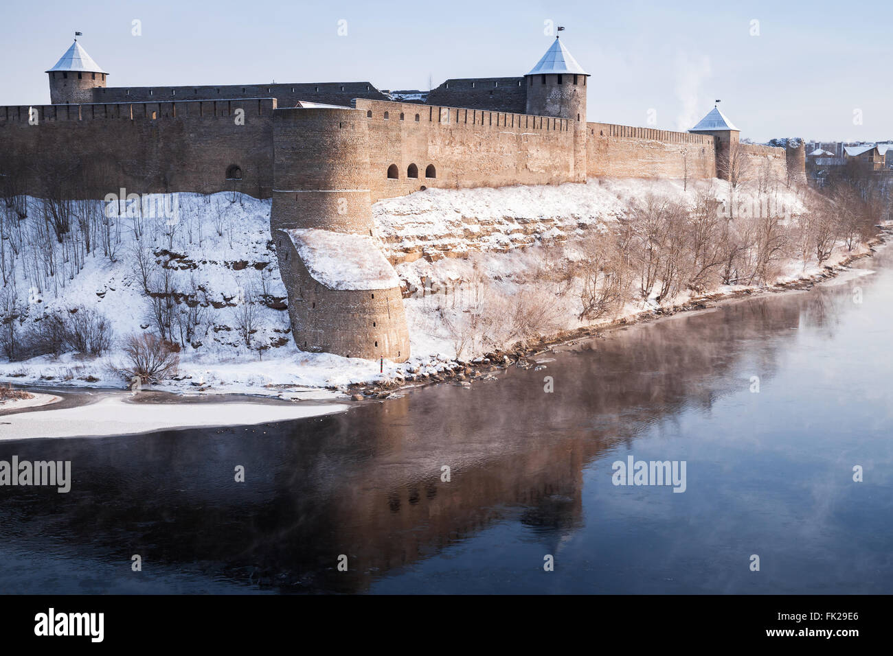 Ivangorod fortress at Narva river in winter season. Border between