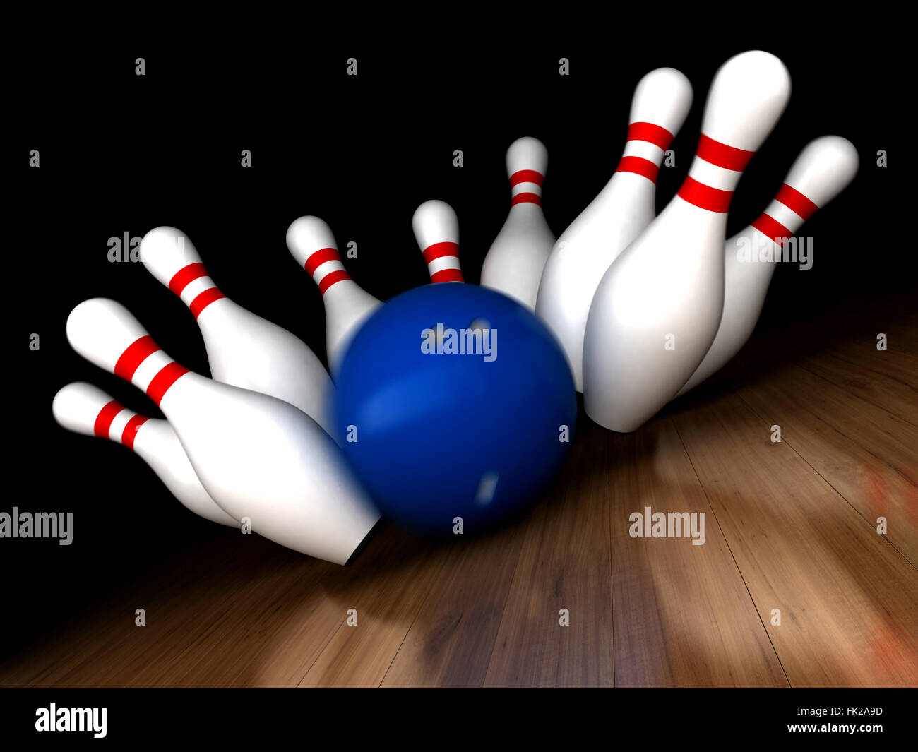 3d render of bowling ball hitting pins with added motion blur Stock