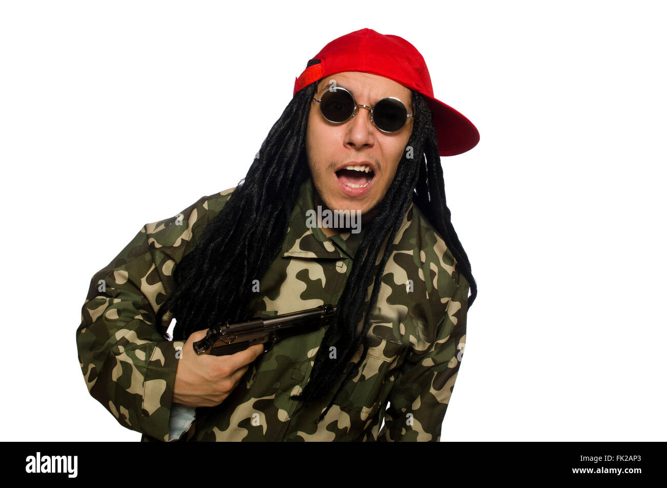 Funny guy with gun isolated on white Stock Photo