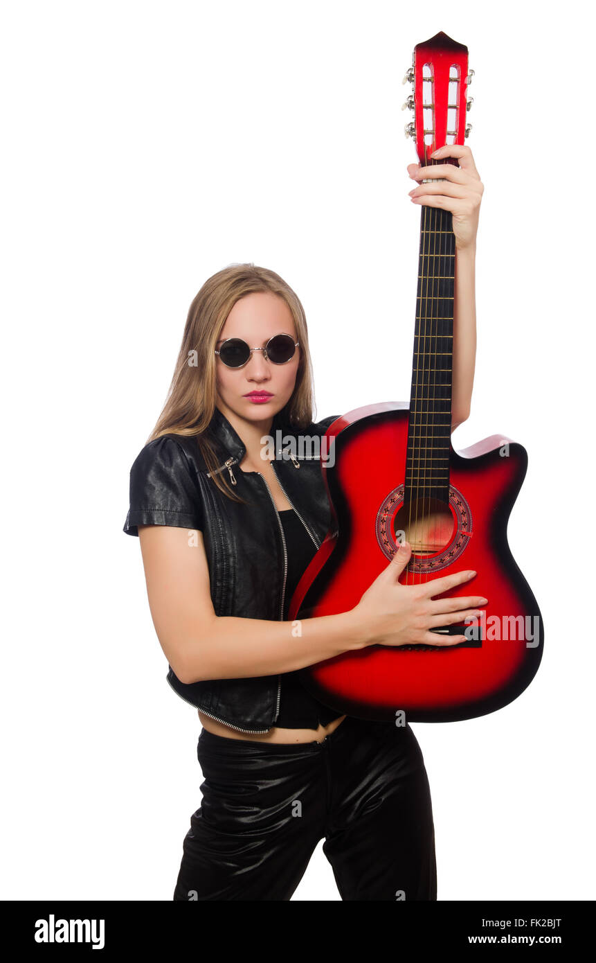 Young woman guitar player isolated on white Stock Photo - Alamy