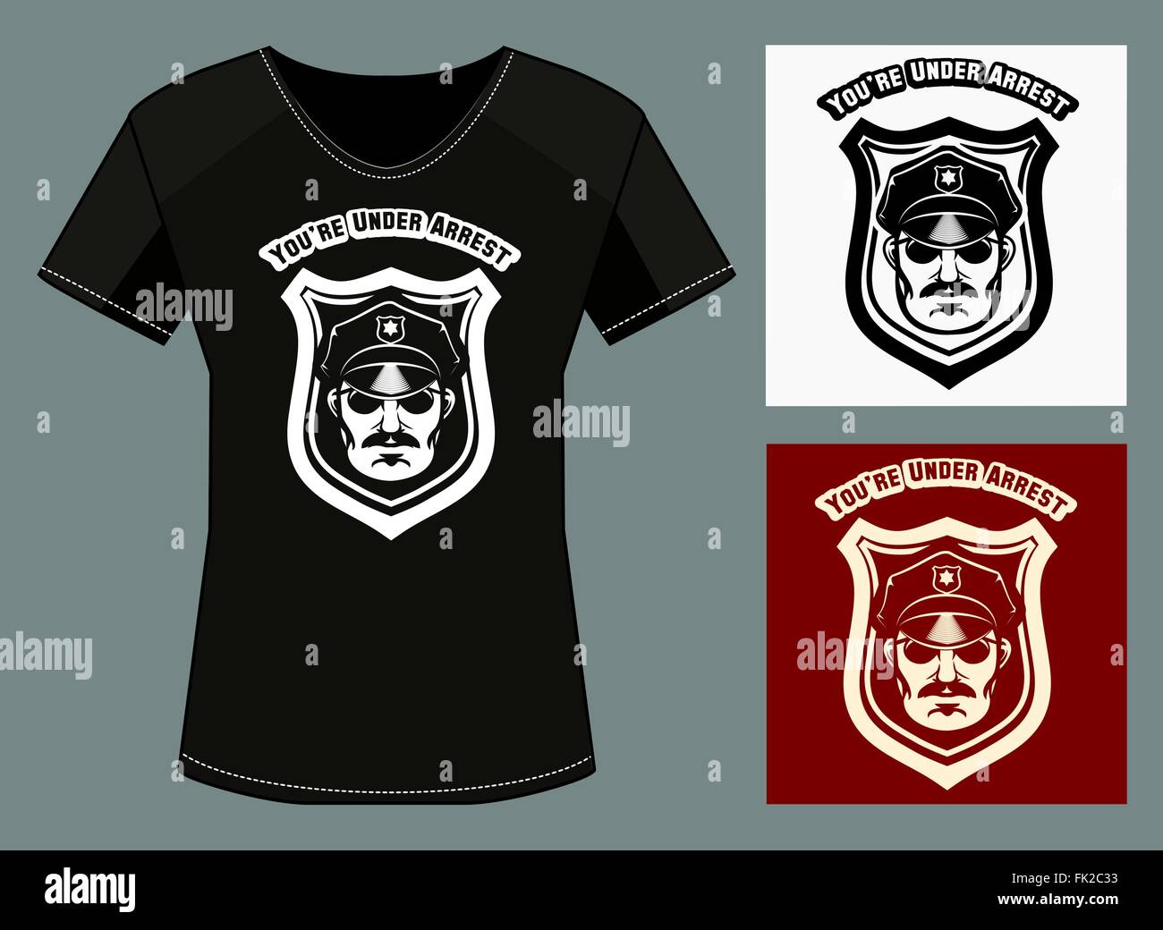 T-shirt  print template with policeman head and wording you are under arrest. Free font used. Stock Vector