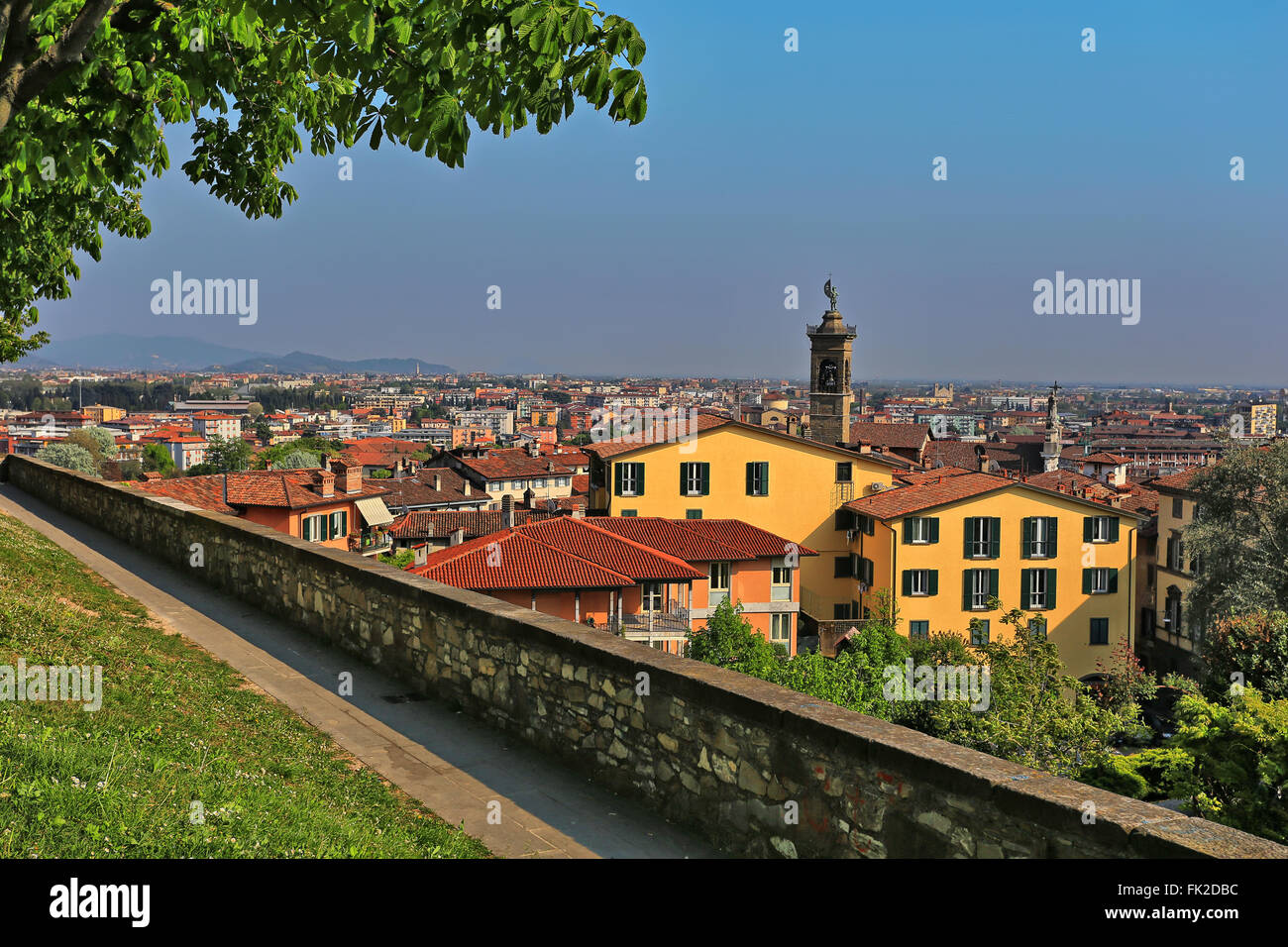 View over Bergamo Bassa from the path along the walls around Bergamo Alta, Lombardy, Italy Stock Photo