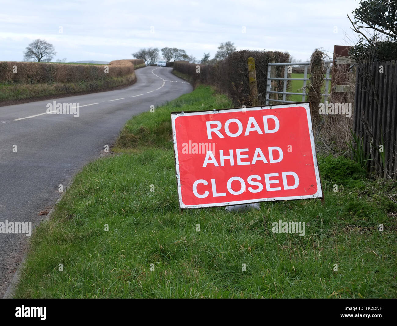 Road closed ahead sign in rural Somerset near Wedmore. 4th March 2016 Stock Photo