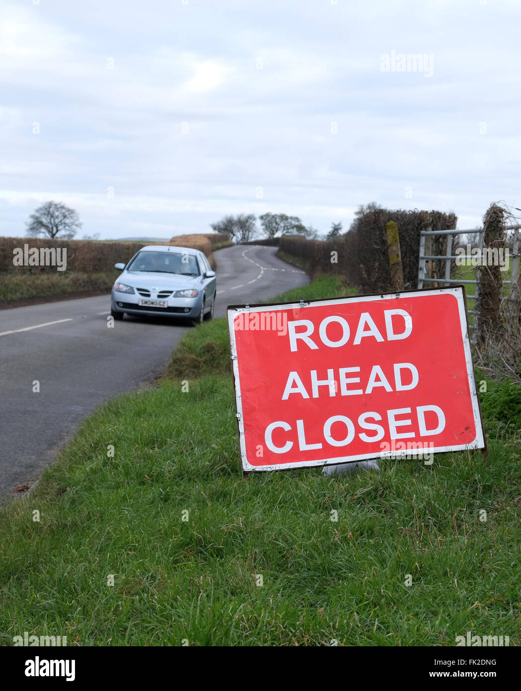 Road closed ahead sign in rural Somerset near Wedmore. 4th March 2016