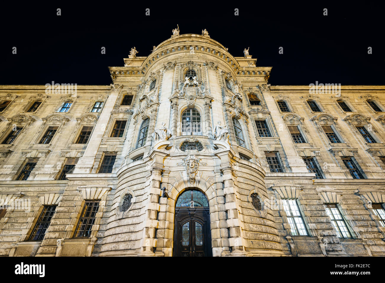 The exterior of Landgericht München at night, in Munich Germany Stock