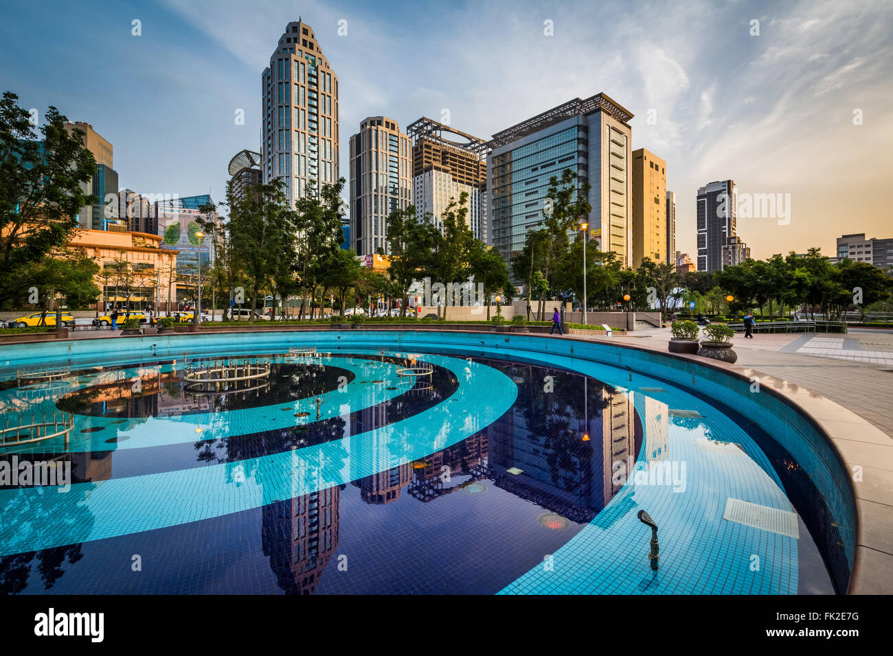 Pool and modern skyscrapers at Banqiao, in New Taipei City, Taiwan. Stock Photo
