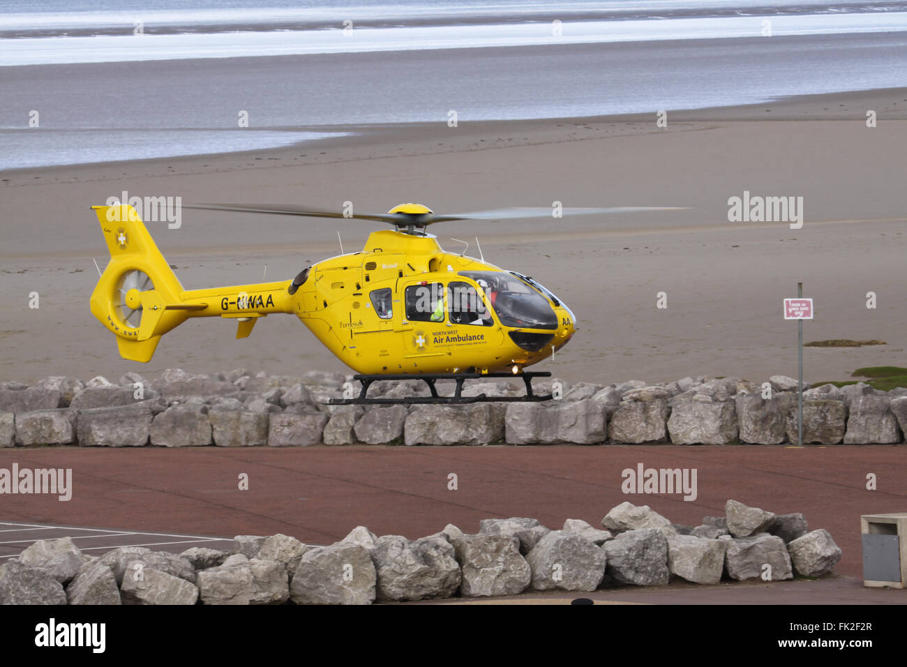Battery Car Park, Morecambe, Lancashire, UNited Kingdom, 5th March 2016.  North West Air Ambulance Airbus Helicopters EC-135 / G Stock Photo