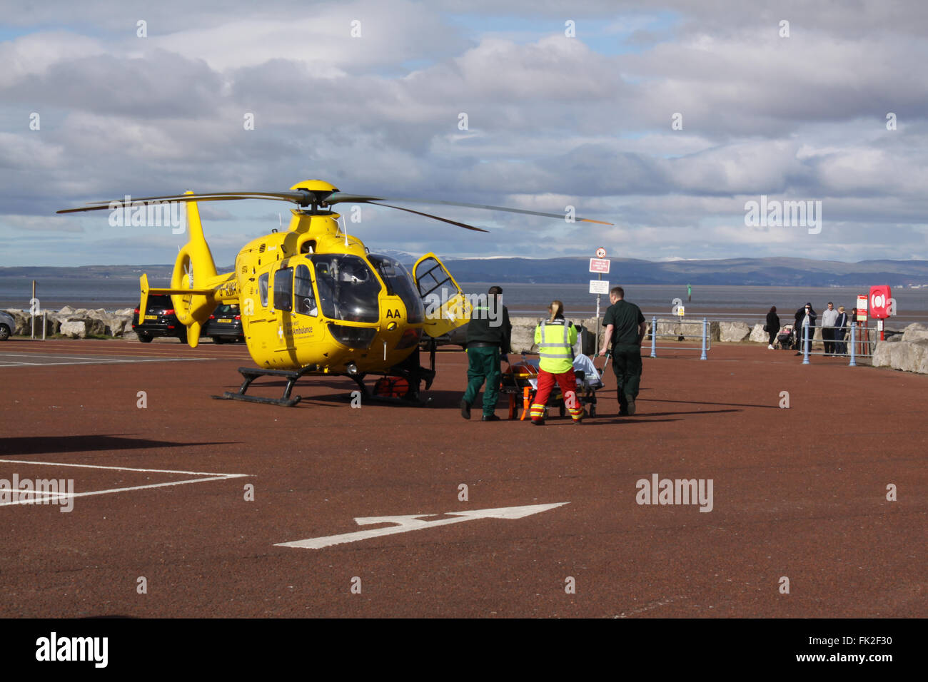 Battery Car Park, Morecambe, Lancashire, UNited Kingdom, 5th March 2016.  North West Air Ambulance Airbus Helicopters EC-135 / G Stock Photo