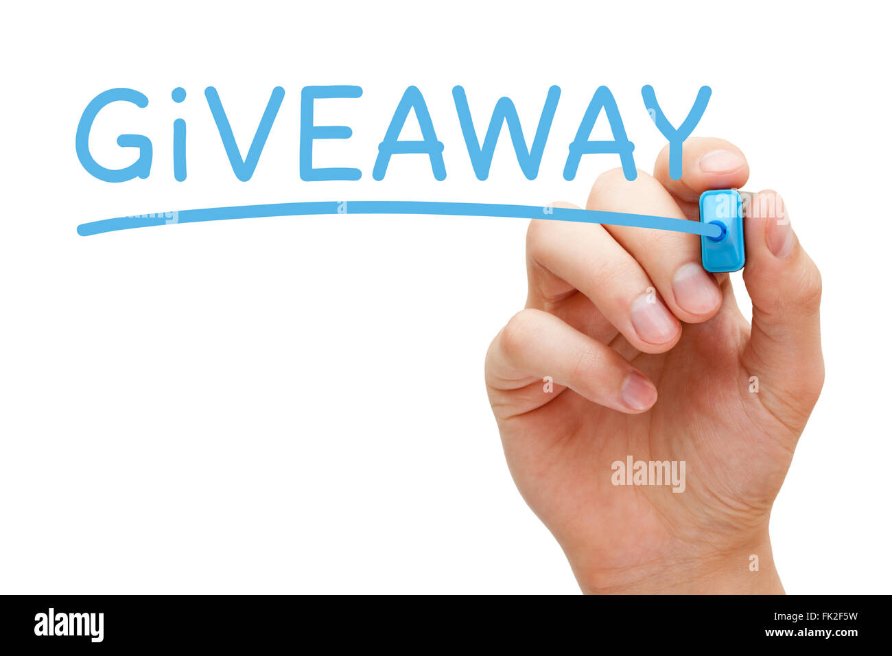 Hand writing Giveaway with blue marker on transparent wipe board. Stock Photo