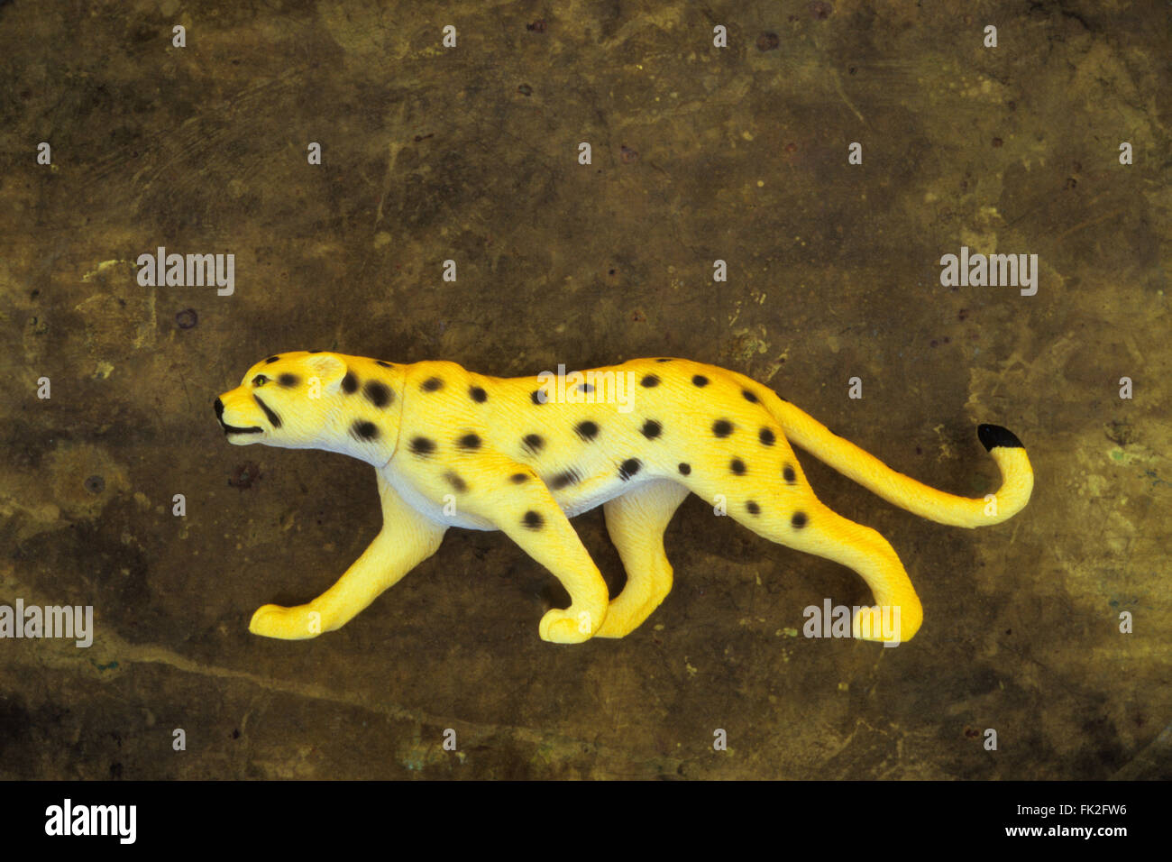 Plastic model of yellow cheetah with black spots in stalking position and lying on tarnished brass Stock Photo