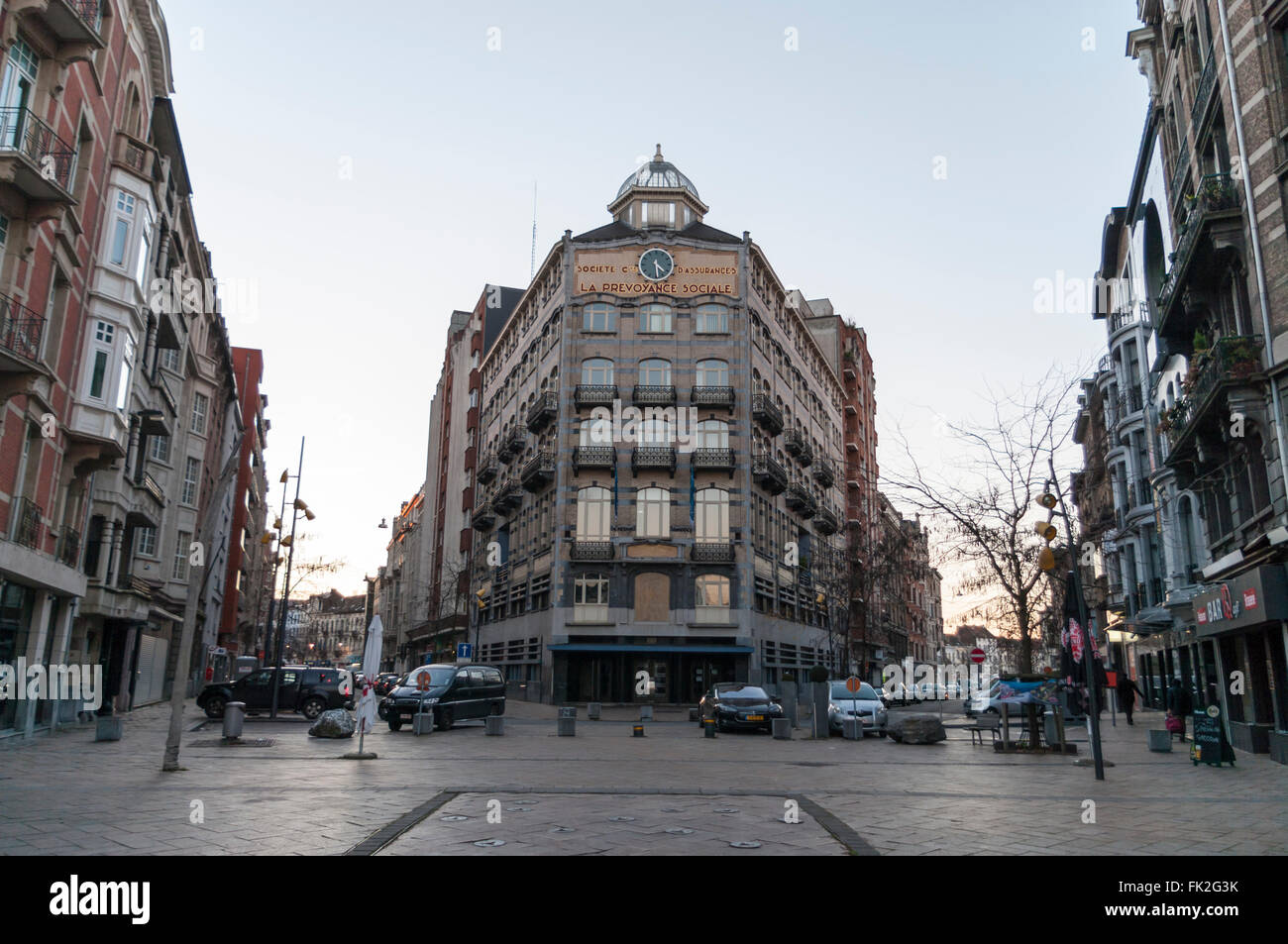 La Prevoyance Sociale building, constructed 1912 in Art Nouveau style, later renovated in Art Deco. Cureghem, Brussels, Belgium. Stock Photo