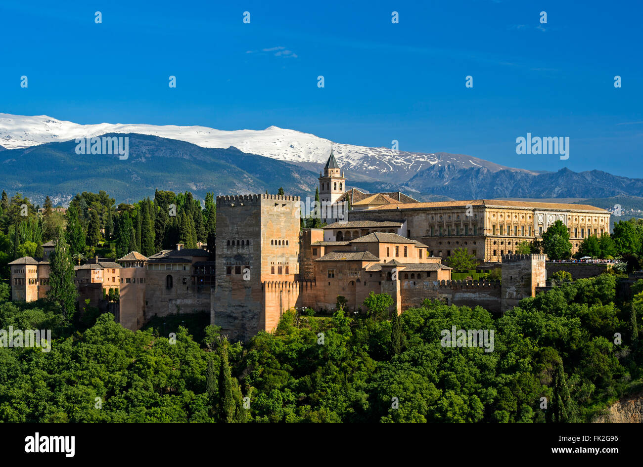 Alhambra, UNESCO World Heritage Site, against the Sierra Nevada mountain range, Granada, Andalusia, Spain Stock Photo