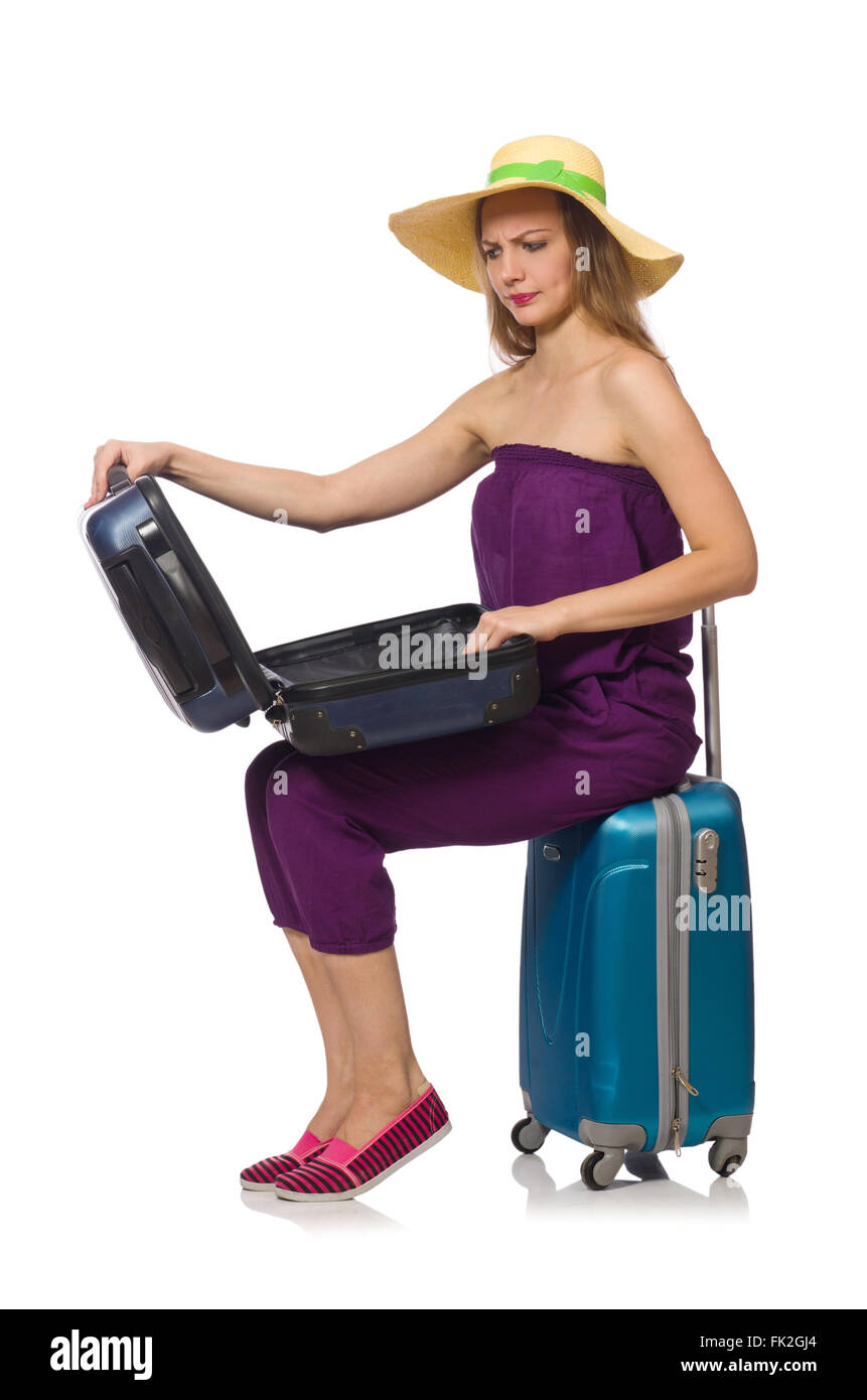 Woman with suitcase isolated on white Stock Photo Alamy