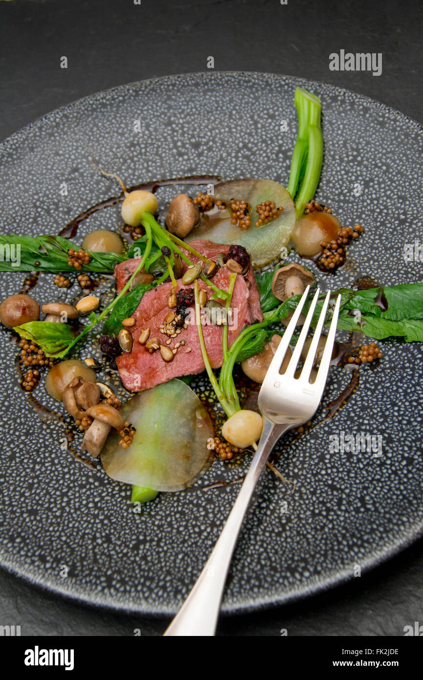 Pave of Cotswold venison cooked with mugwort, with baby turnips and