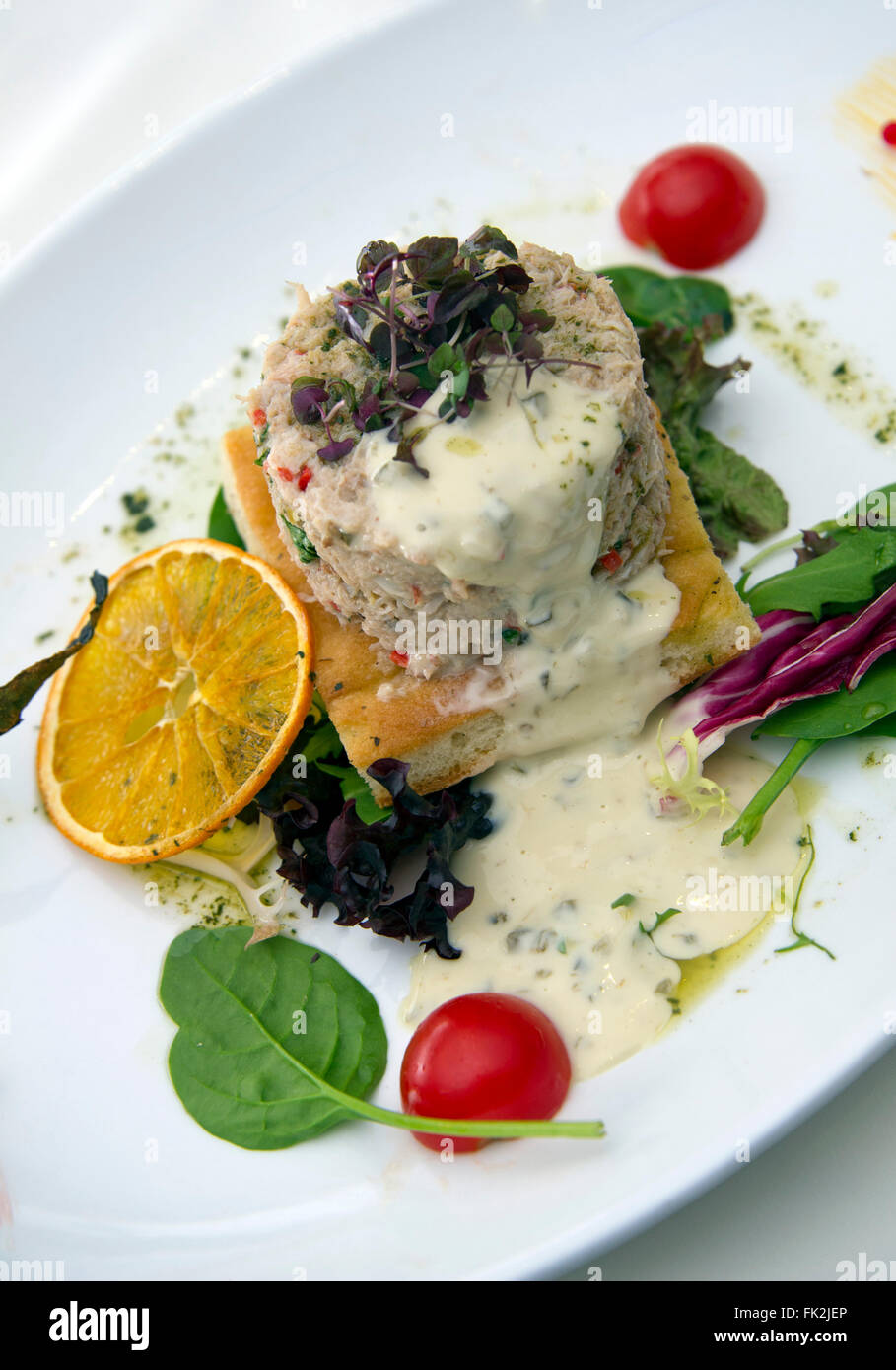 White crab salad.a UK crabs shellfish food foods restaurant restaurants salads plate plates dish dishes Stock Photo