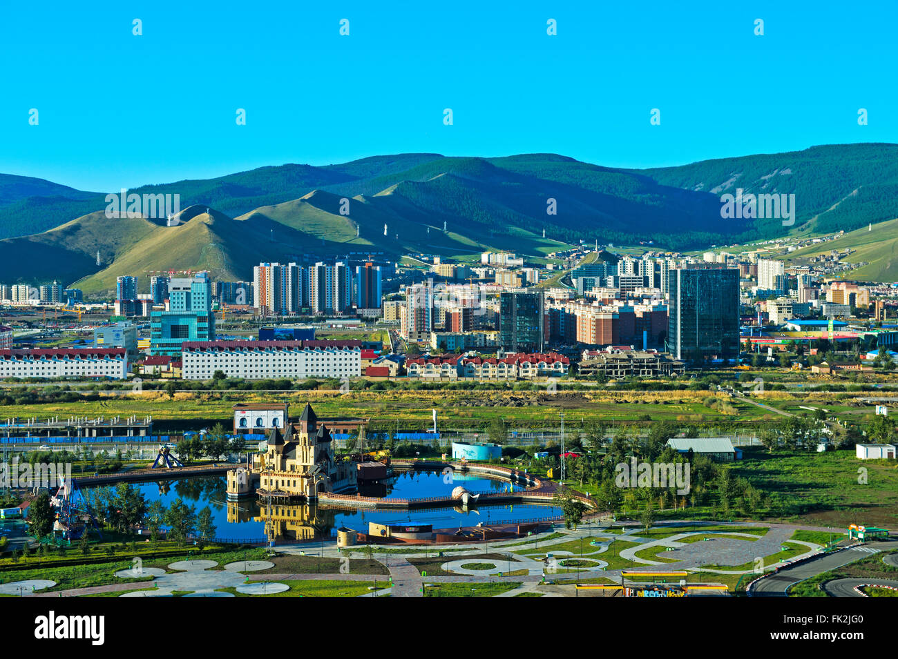 View over the National Amusement Park and the new residential areas in the South of Ulaanbataar, Capital of Mongolia Stock Photo