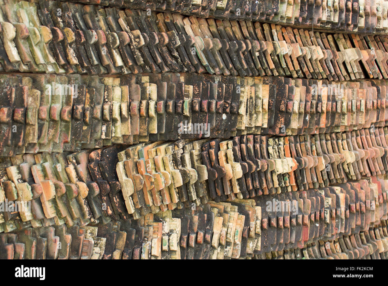 old roofing tiles stacked in temple of bangkok, thailand Stock Photo